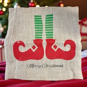 Merry Christmas Elf Boots Throw Pillow Case Natural Burlap